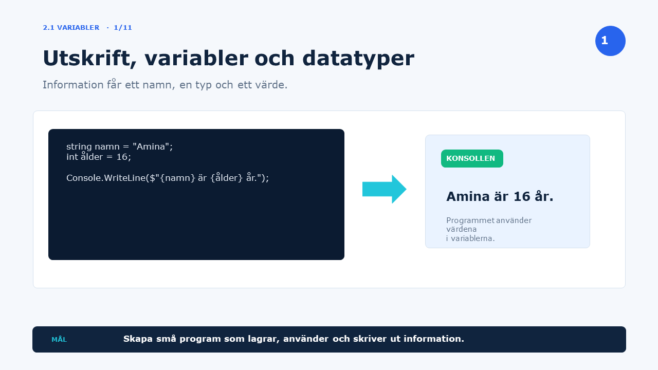 Utskrift, variabler och datatyper