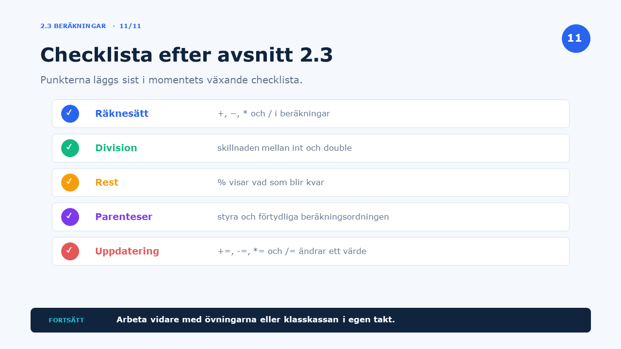 Checklista efter avsnitt 2.3